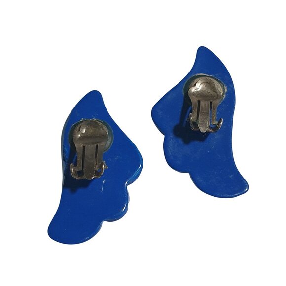 Blue Vintage Wing Shaped Clip On Earrings Modern Retro Style Statement Jewelry - Picture 3 of 4